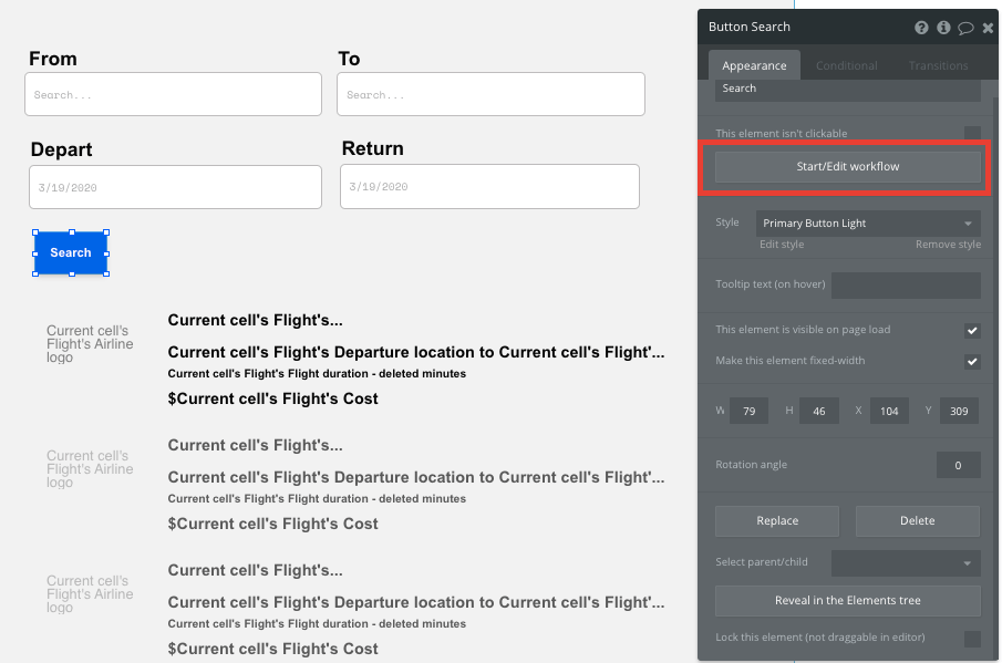 Bubble No Code Expedia clone walkthrough tutorial - search workflow.