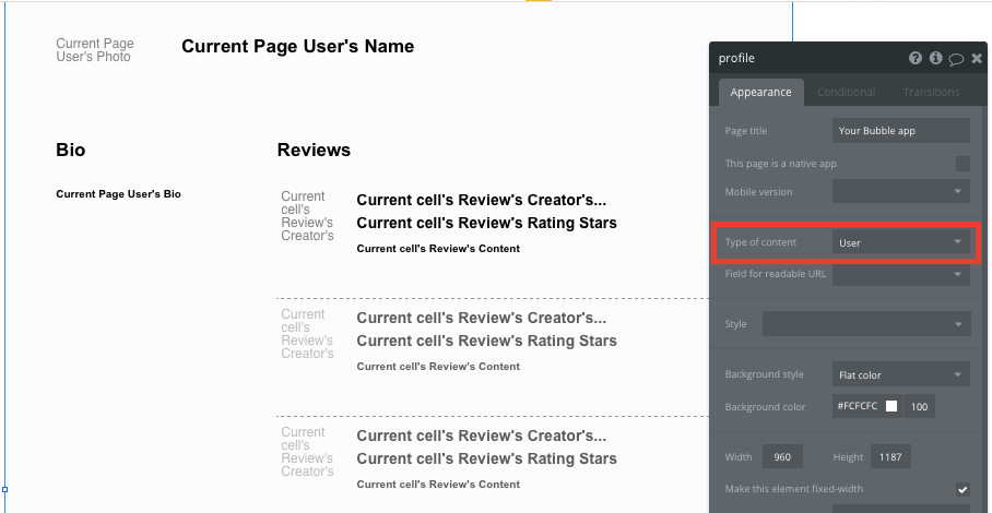 Bubble User Review Profile Page Template