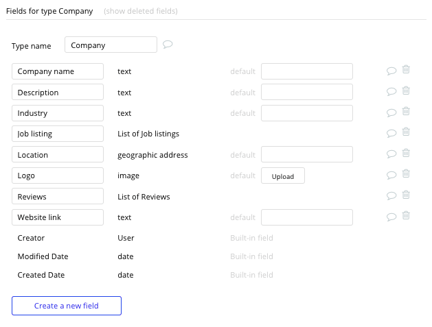 Bubble No Code Glassdoor Clone Company Data Type and Fields