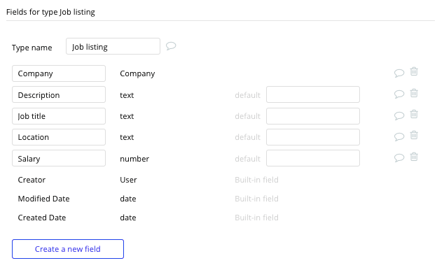 Bubble No Code Glassdoor Clone Job Data Type and Fields