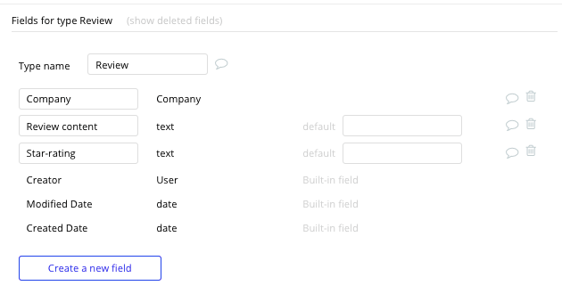 Bubble No Code Glassdoor Clone Review Data Type and Fields