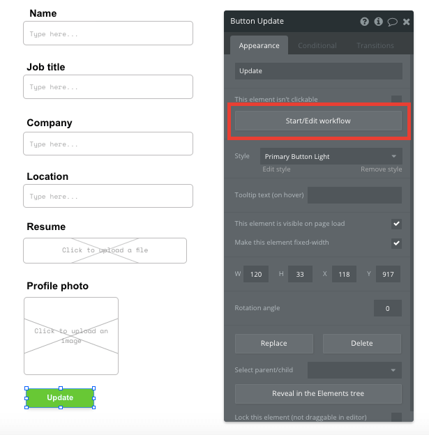 Bubble Glassdoor Clone Tutorial Walkthrough - button update worklow.