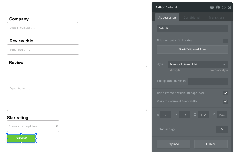 Bubble Glassdoor Clone Tutorial Walkthrough - submit review button.