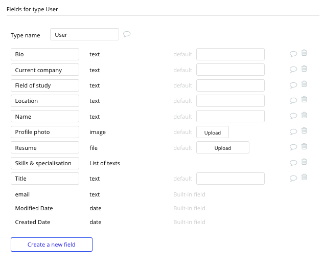 Bubble No Code Glassdoor Clone User Data Type and Fields