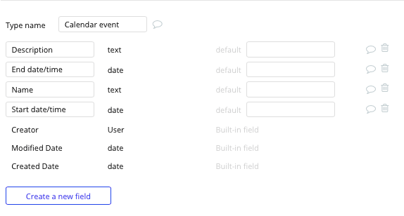 Bubble Tutorial Calendar Event app Data type and Fields