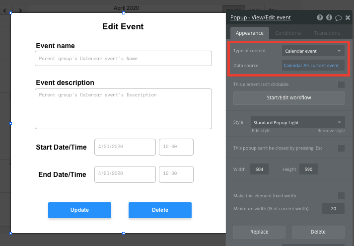 Bubble No Code Gcal App Clone Edit Event Popup Element Template