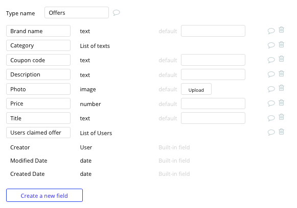 Bubble No Code Groupon Clone Walkthrough - offers fields.