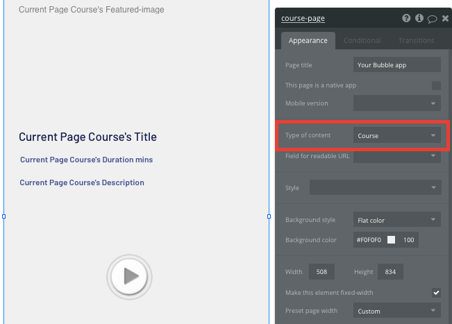 Configuring the page type of a Headspace course mobile app