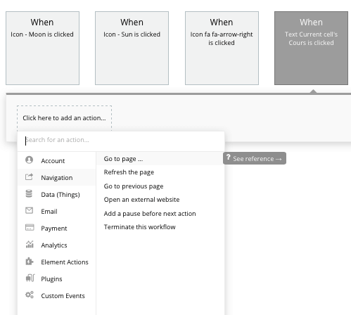 Creating a page navigation event in Bubble’s workflow editor