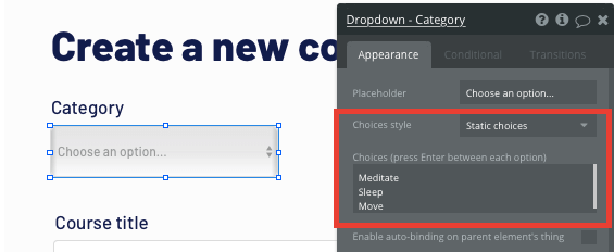 Configuring a course category dropdown in Bubble’s visual programming editor