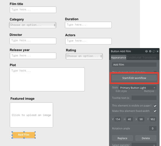 Bubble No Code IMDb Clone Walkthrough Tutorial - add film workflow.