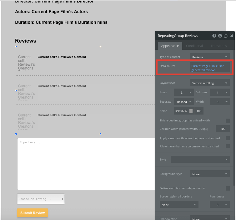 Bubble No Code IMDb Clone Walkthrough Tutorial - review datasource.