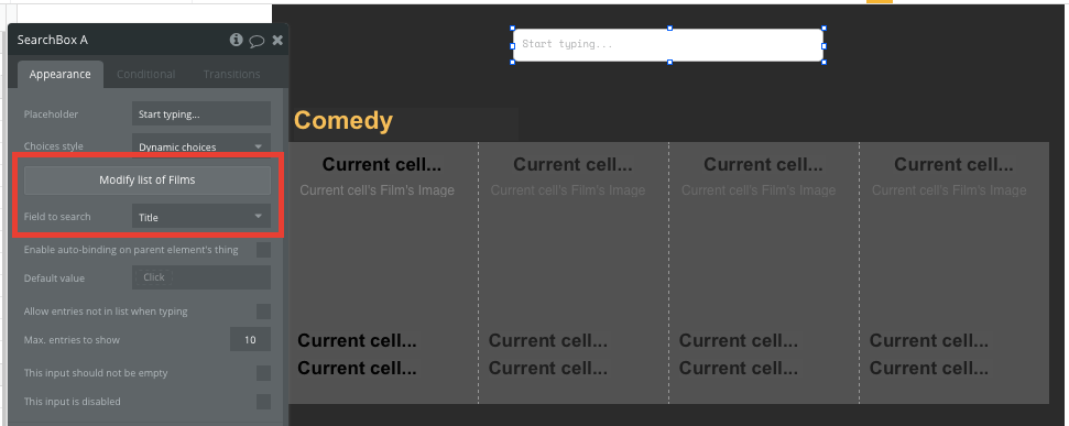 Bubble No Code IMDb Clone Walkthrough Tutorial - search box appearance.