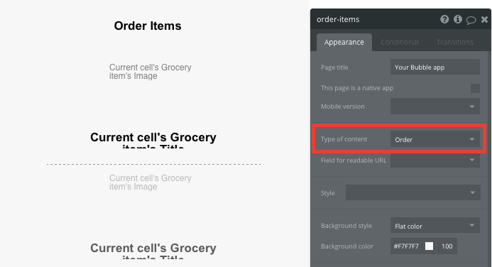 Bubble No Code Instacart clone tutorial walkthrough - display item list.