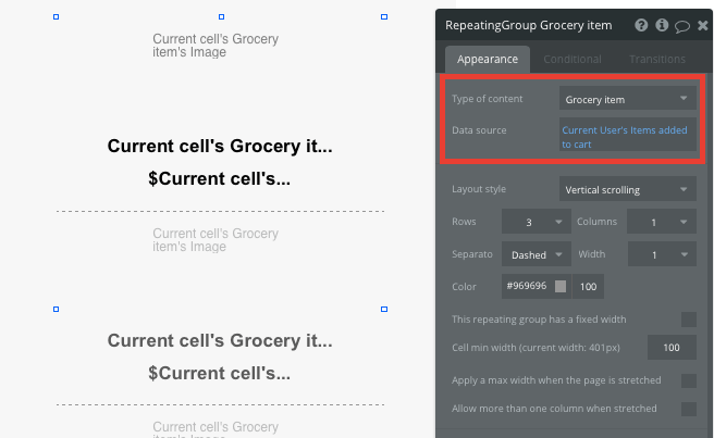 Bubble No Code Instacart clone tutorial walkthrough - checkout appearance.