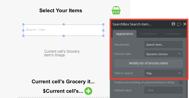 Bubble No Code Instacart clone tutorial walkthrough - search item.