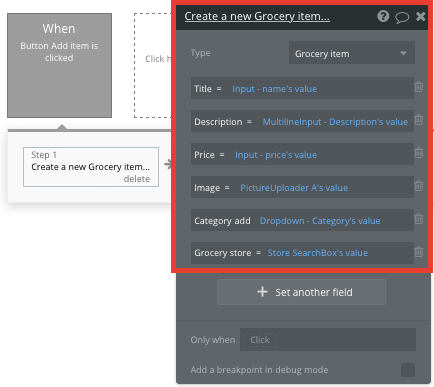 Bubble No Code Instacart clone tutorial walkthrough - new item workflow.