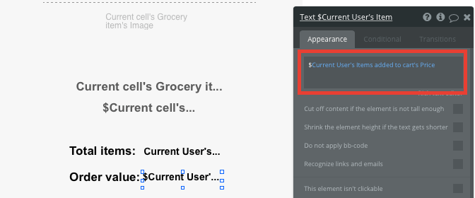 Bubble No Code Instacart clone tutorial walkthrough - order value.