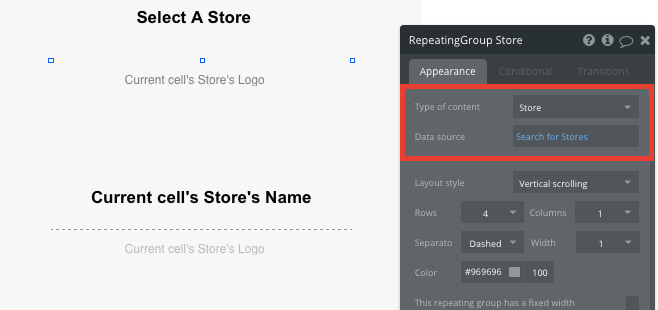 Bubble No Code Instacart clone tutorial walkthrough - select store appearance.