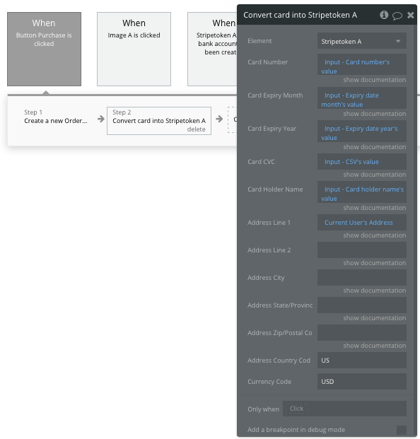 Bubble No Code Instacart clone tutorial walkthrough - stripetoken workflow.