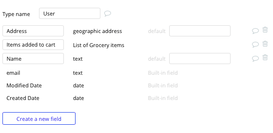 Bubble No Code Instacart clone tutorial walkthrough - user data.