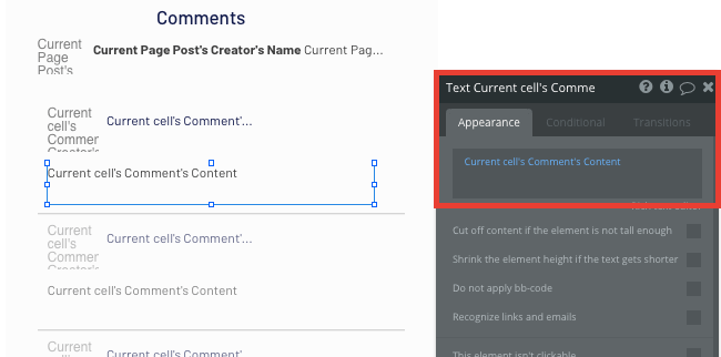 Displaying dynamic content of a comment using Bubble’s no-code editor