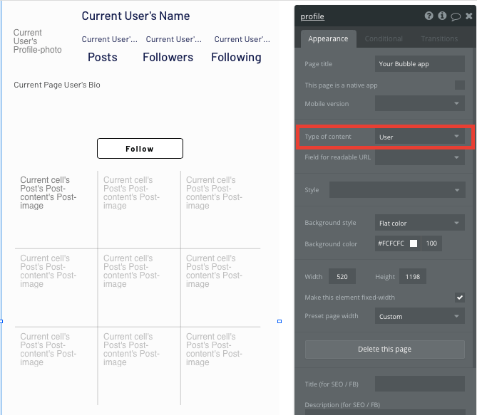 Creating a user profile in Instagram’s no-code clone app