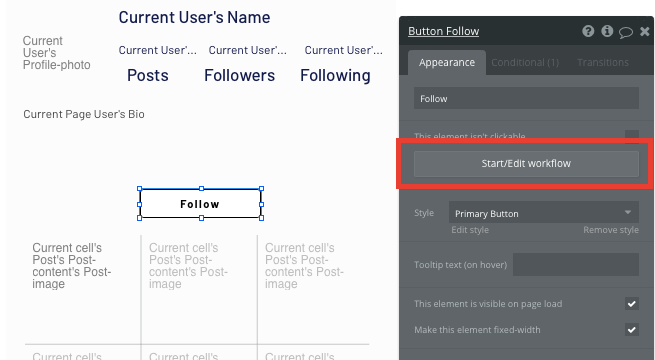 Creating a no-code workflow when a Instagram follow button is clicked