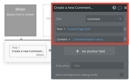 Adding a comments data fields using Bubble’s no-code workflow editor