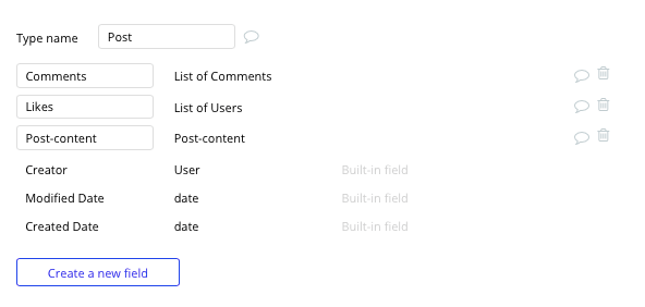 Instagram post database and data fields built with no code