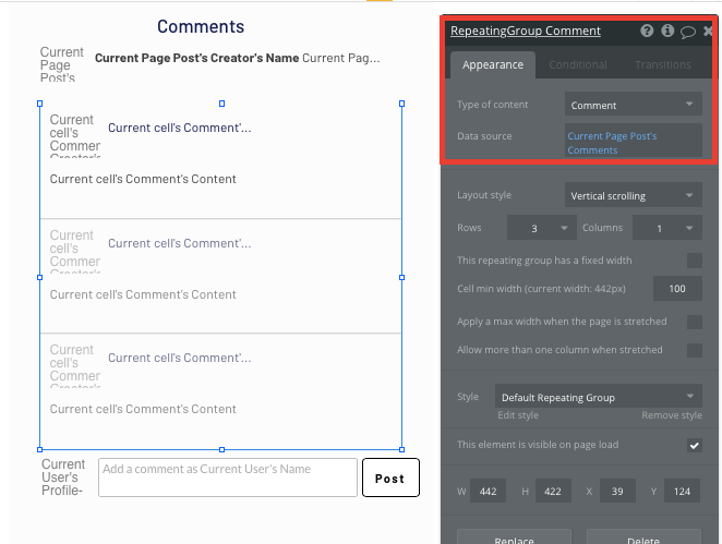 Displaying a list of comments within Instagram’s no-code clone app