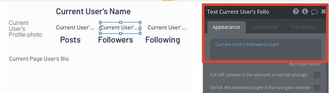 Displaying the number of followers on a users profile within Instagram’s no-code clone app