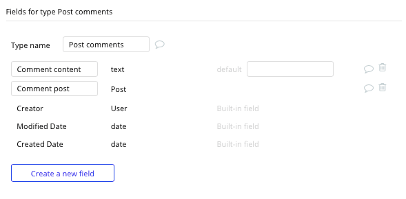 Bubble No Code LinkedIn Clone Post comments Data Types and Fields