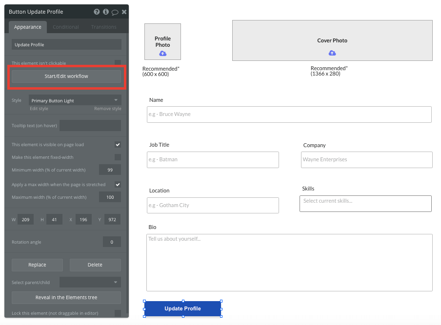 Bubble No Code LinkedIn Clone Walkthrough - start workflow.