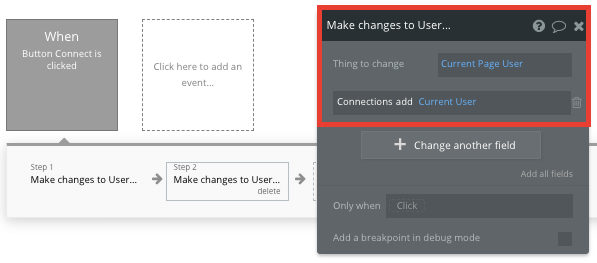 Bubble No Code LinkedIn Clone Walkthrough - connection workflow.