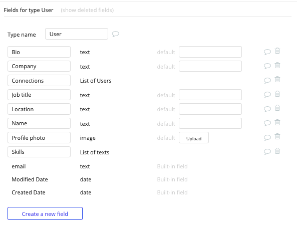 Bubble LinkedIn Clone User Data Types and Fields