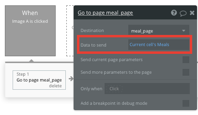 Bubble No Code Meal Image Go to Page Workflow