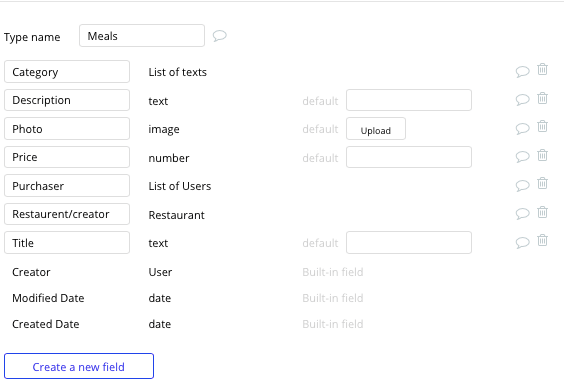 Bubble No Code Meal Delivery Platform Data Type and Fields