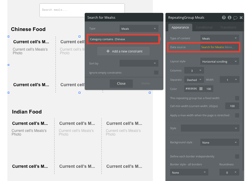 Bubble RepeatingGroup Meals Workflow