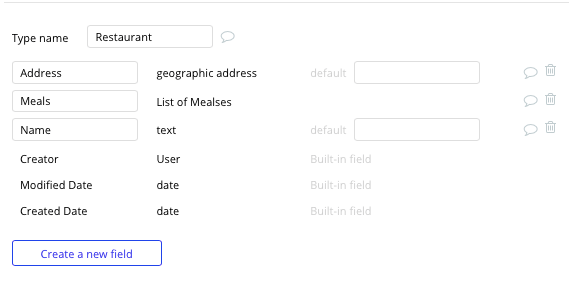 Bubble No Code Meal Delivery Platform Restaurant Data Type and Fields