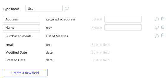 Bubble No Code Meal Delivery Platform User Data Type and Fields