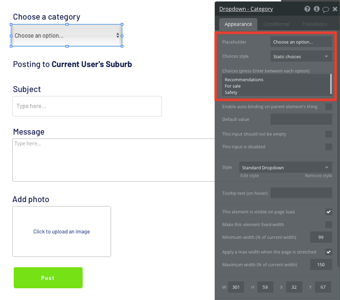 Configuring a Bubble dropdown menu to display a list of static choices