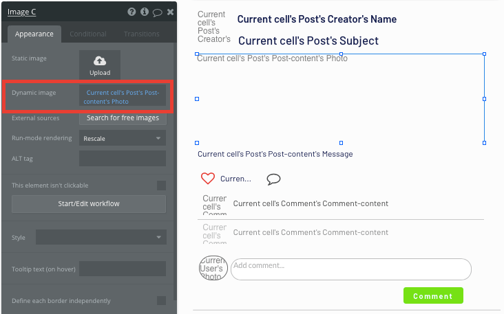 Displaying dynamic data within a no-code repeating group