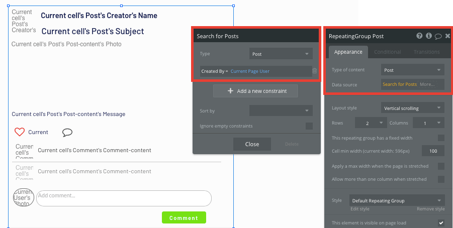 Updating the data source of a no-code repeating group element