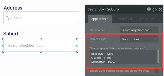 Configuring a Bubble no-code search box to display static choices