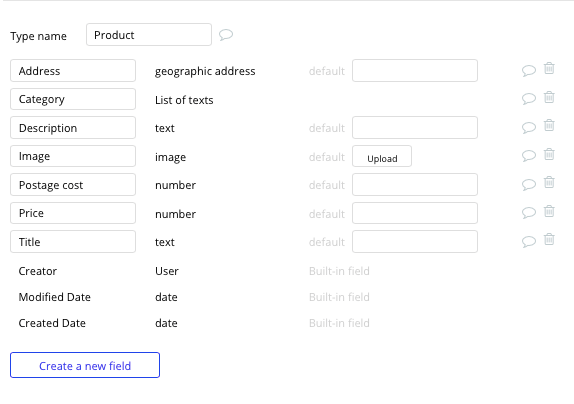 bubble no code amazon clone walkthrough tutorial - product data fields.