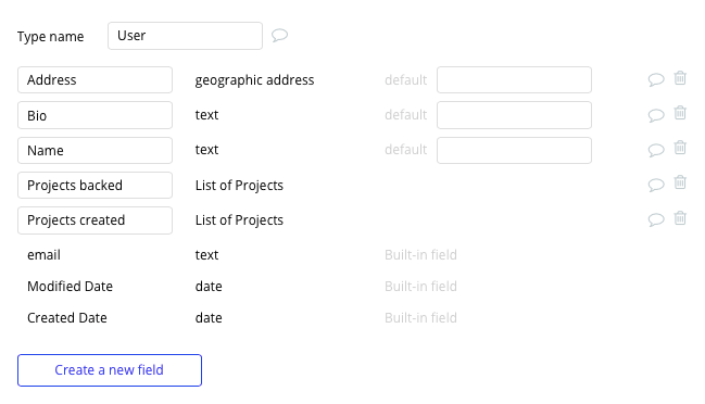 Bubble No Code Kickstarter Clone Tutorial Walkthrough - user data fields.