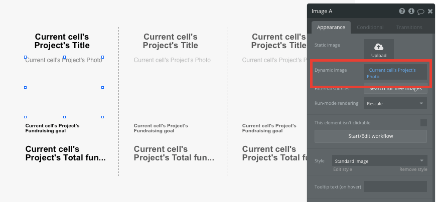 Bubble No Code Kickstarter Clone Tutorial Walkthrough - dynamic image settings.