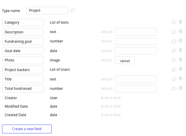 Bubble No Code Kickstarter Clone Tutorial Walkthrough - project data fields.