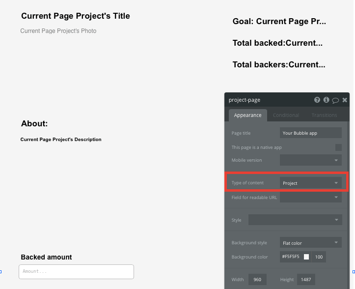 Bubble No Code Kickstarter Clone Tutorial Walkthrough - project property appearance.